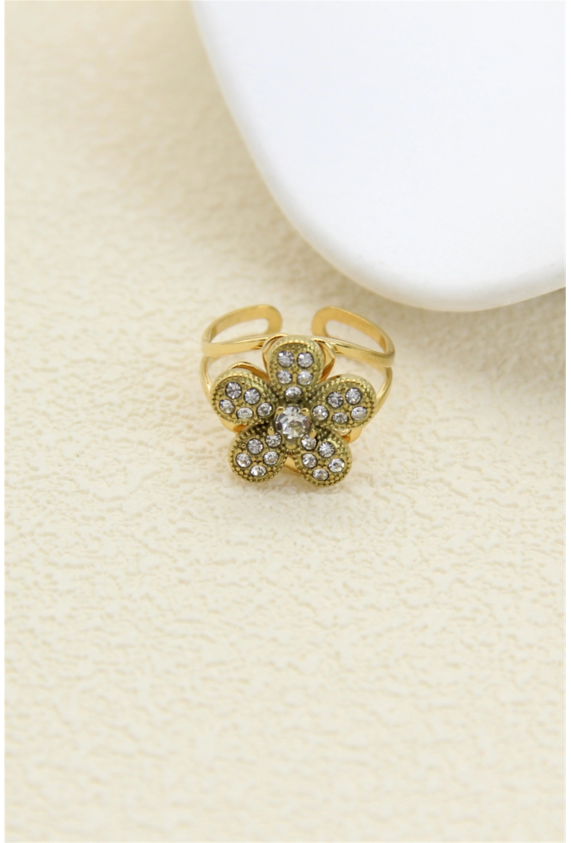 Bague anti-stress fleur rotative en acier inoxydable – Strass scintillants