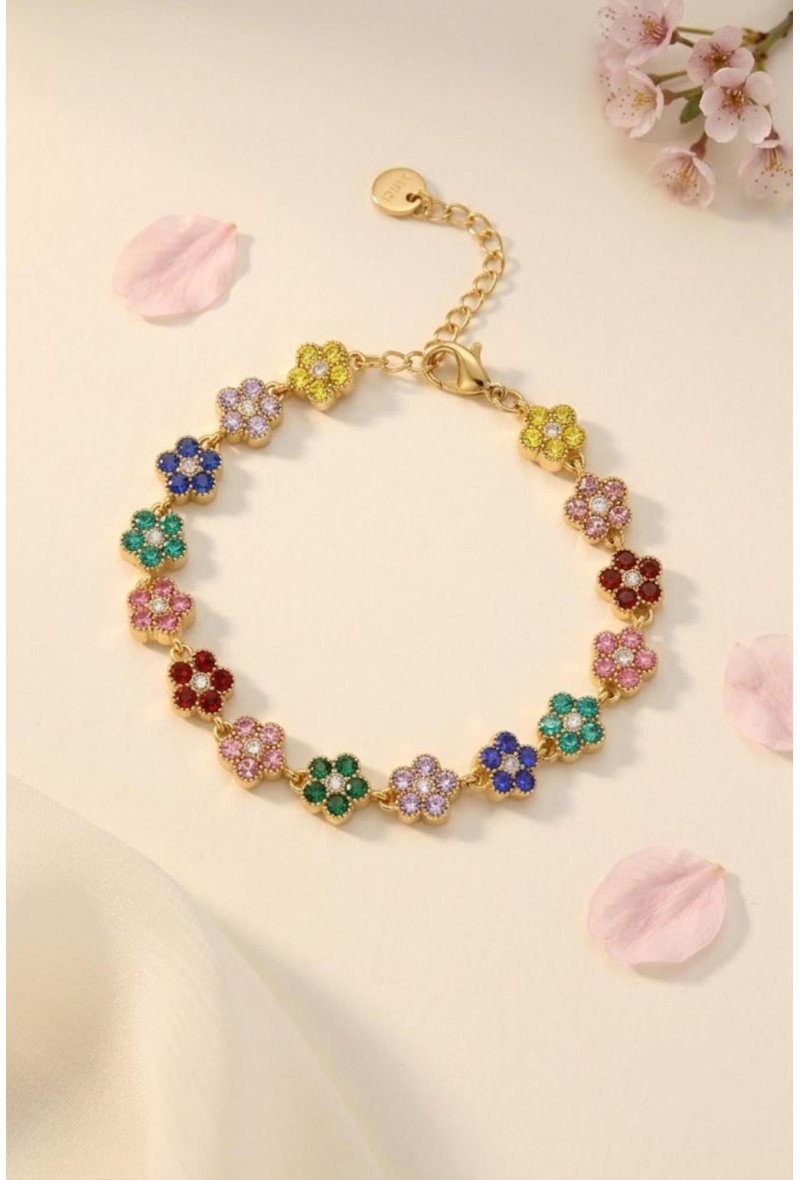 Bracelet Strass Fleur Multicolore en Acier Inoxydable – Un Éclat Plein de Couleurs