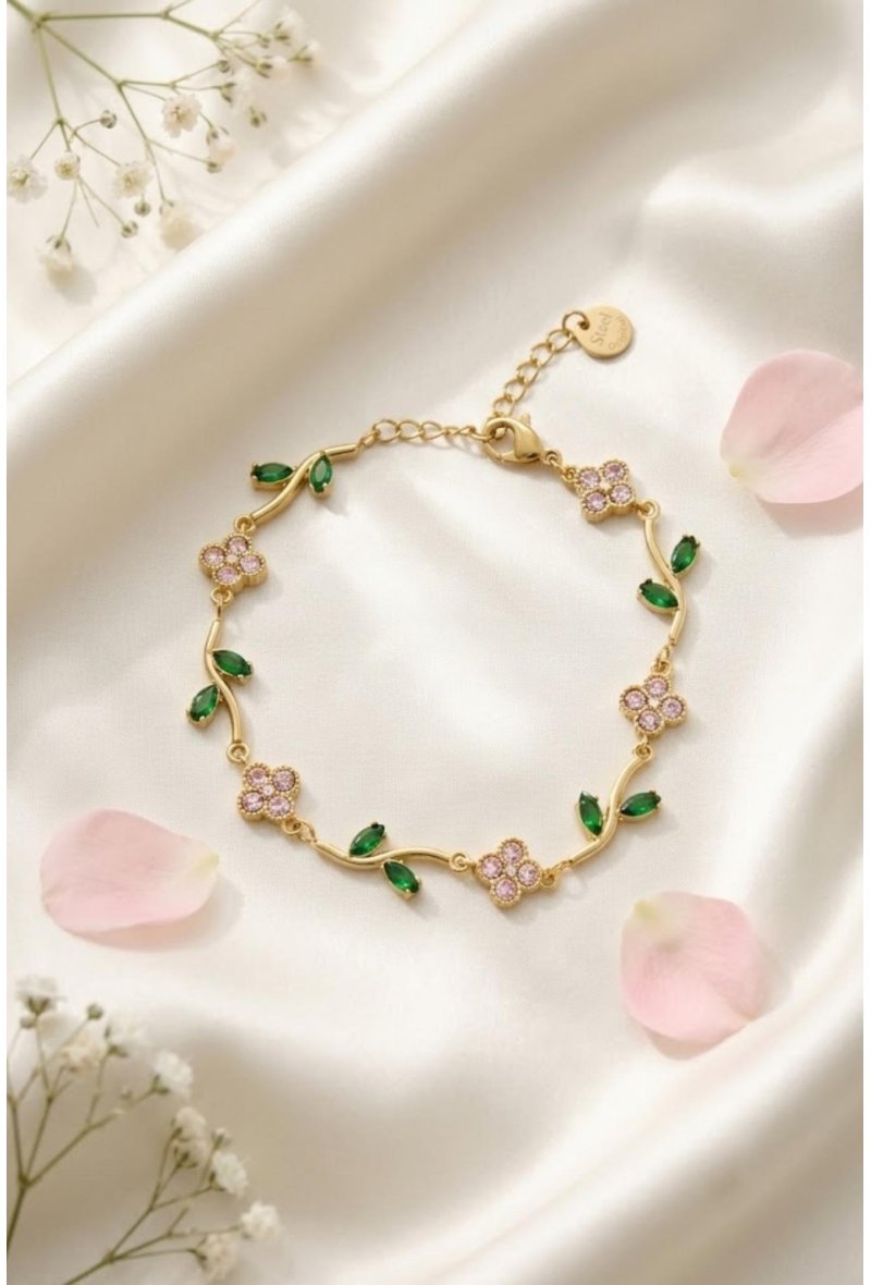 Bracelet Fleurs & Feuilles Strass – Éclat Floral